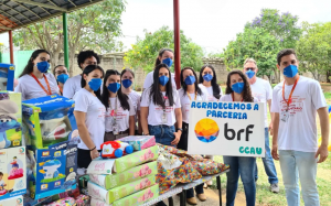 Foto de um grupo de voluntárias e voluntários do IBRF, todos usando máscara de proteção cobrindo a boca e o nariz, e na frente deles há uma mesa com vários brinquedos em cima.